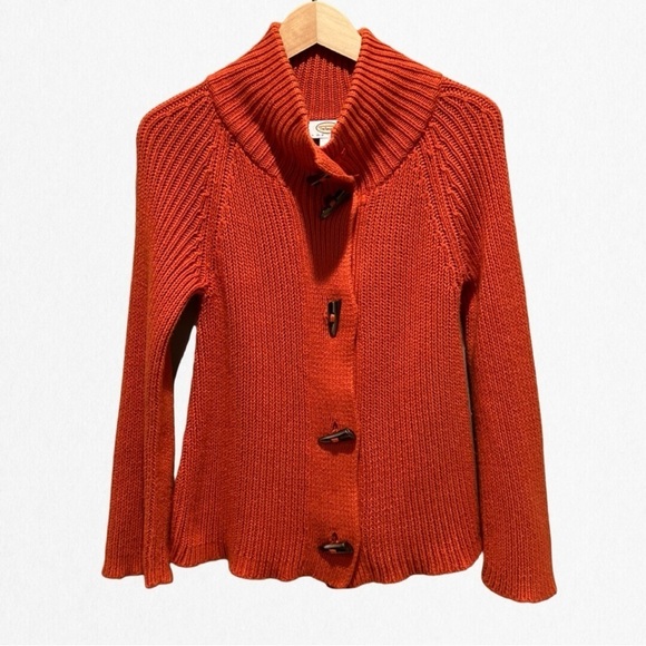 TALBOTS Women’s Petite Orange Mock Neck Cardigan with Horn Tooth Toggle … - Picture 1 of 4